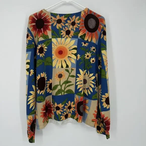 NorthStyle Sweater Womens Large Sunflower Floral Pullover Blue Beige Knit Boho L - Picture 9 of 12